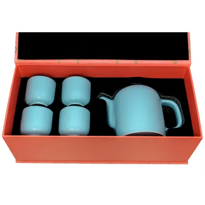 Large Blue Porcelain Teapot and Teacups Set