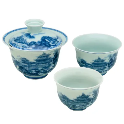 Souprava cestovní sklo a porcelán s gaiwanem krajina