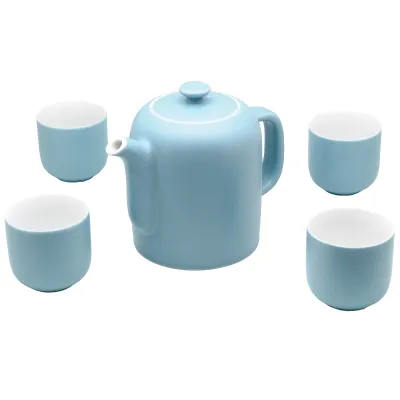 Large Blue Porcelain Teapot and Teacups Set